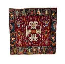 Full view of 2000s Shiraz rug from Iran / Persia, 65 × 66 cm in Red tones