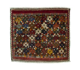 Full view of 2000s Shiraz rug from Iran / Persia, 57 × 64 cm in Red tones