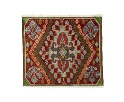 Full view of 2000s Shiraz rug from Iran / Persia, 44 × 50 cm in Red tones