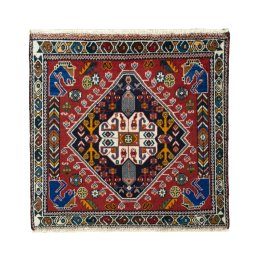 Full view of 2000s Shiraz rug from Iran / Persia, 65 × 66 cm in Red tones