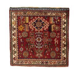 Full view of 2000s Shiraz rug from Iran / Persia, 57 × 59 cm in Red tones