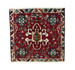 Full view of 2000s Shiraz rug from Iran / Persia, 56 × 57 cm in Red tones