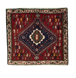 Full view of 2000s Shiraz rug from Iran / Persia, 57 × 64 cm in Red tones