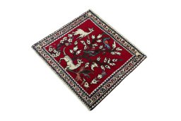 Corner detail of 2000s Shiraz rug showing border pattern and Wool pile