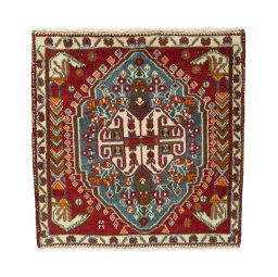 Full view of 2000s Shiraz rug from Iran / Persia, 72 × 70 cm in Red tones