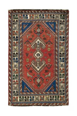 Full view of 2000s Shiraz rug from Iran / Persia, 124 × 79 cm in Red tones