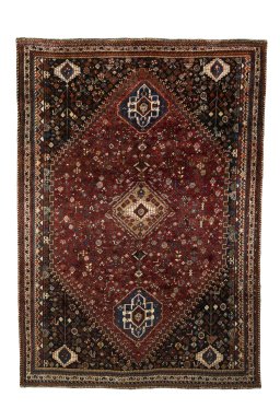 Full view of 2000s Shiraz rug from Iran / Persia, 325 × 228 cm in Red tones