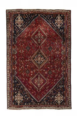 Full view of 2000s Shiraz rug from Iran / Persia, 264 × 173 cm in Red tones