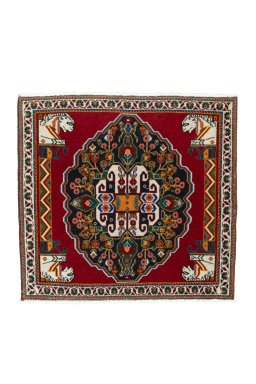 Full view of 2000s Shiraz rug from Iran / Persia, 63 × 67 cm in Red tones