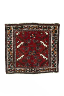Full view of 2000s Shiraz rug from Iran / Persia, 64 × 68 cm in Red tones