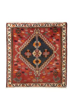 Full view of 2000s Shiraz rug from Iran / Persia, 68 × 65 cm in Red tones