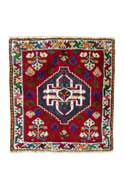 Full view of 2000s Shiraz rug from Iran / Persia, 58 × 54 cm in Red tones