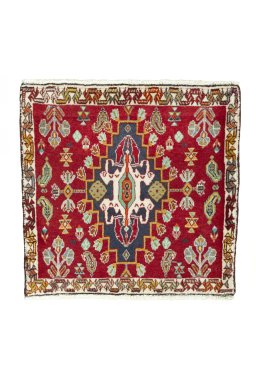 Full view of 2000s Shiraz rug from Iran / Persia, 60 × 62 cm in Red tones