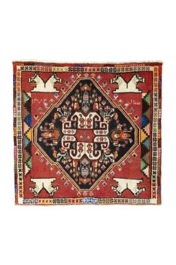 Full view of 2000s Shiraz rug from Iran / Persia, 63 × 67 cm in Red tones