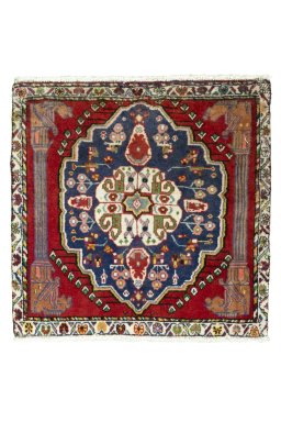 Full view of 2000s Shiraz rug from Iran / Persia, 63 × 64 cm in Red tones