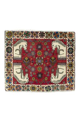 Full view of 2000s Shiraz rug from Iran / Persia, 56 × 66 cm in Red tones
