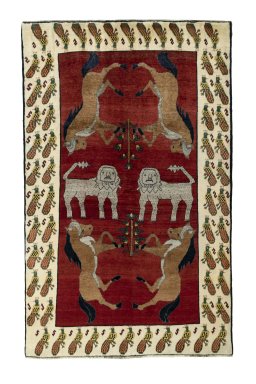 Full view of 2000s Shiraz rug from Iran / Persia, 252 × 157 cm in Red tones
