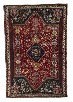 Full view of 2000s Shiraz rug from Iran / Persia, 258 × 172 cm in Red tones