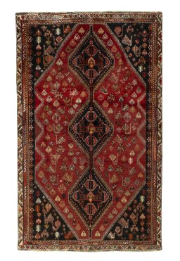 Full view of 2000s Shiraz rug from Iran / Persia, 262 × 161 cm in Red tones