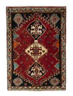 Full view of 2000s Shiraz rug from Iran / Persia, 147 × 105 cm in Red tones