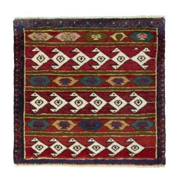 Full view of 1970s Shiraz rug from Iran / Persia, 60 × 61 cm in Red tones