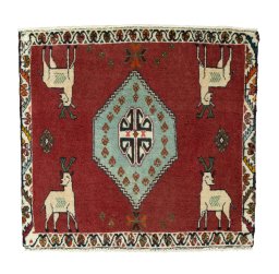 Full view of 1970s Shiraz rug from Iran / Persia, 58 × 62 cm in Red tones