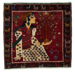 Full view of 1970s Shiraz rug from Iran / Persia, 62 × 67 cm in Red tones