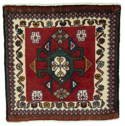 Full view of 1970s Shiraz rug from Iran / Persia, 57 × 57 cm in Red tones