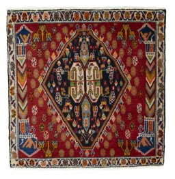 Full view of 1970s Shiraz rug from Iran / Persia, 66 × 66 cm in Red tones
