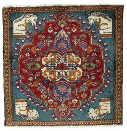 Full view of 1970s Shiraz rug from Iran / Persia, 64 × 64 cm in Red tones