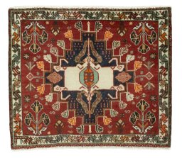 Full view of 1970s Shiraz rug from Iran / Persia, 54 × 62 cm in Red tones