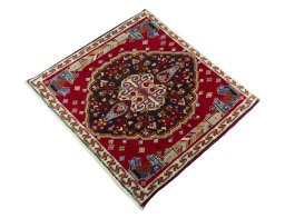 Corner detail of 1970s Shiraz rug showing border pattern and Wool pile
