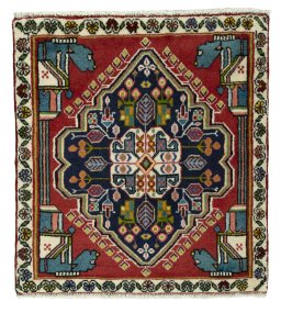 Full view of 1970s Shiraz rug from Iran / Persia, 67 × 62 cm in Red tones