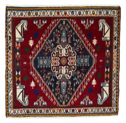 Full view of 1970s Shiraz rug from Iran / Persia, 65 × 67 cm in Red tones