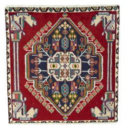 Full view of 1970s Shiraz rug from Iran / Persia, 60 × 58 cm in Red tones