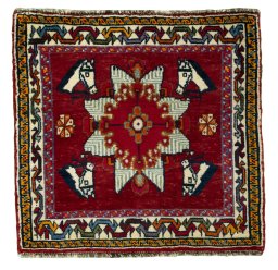 Full view of 1970s Shiraz rug from Iran / Persia, 64 × 67 cm in Red tones