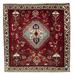 Full view of 1970s Shiraz rug from Iran / Persia, 73 × 71 cm in Red tones