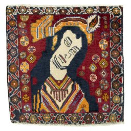 Full view of 1970s Shiraz rug from Iran / Persia, 54 × 53 cm in Red tones