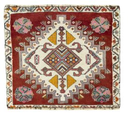 Full view of 1970s Shiraz rug from Iran / Persia, 50 × 57 cm in Red tones