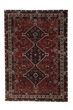 Full view of 2000s Shiraz rug from Iran / Persia, 307 × 213 cm in Red tones