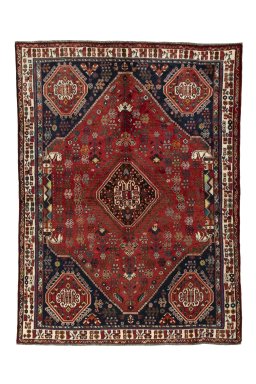 Full view of 2000s Shiraz rug from Iran / Persia, 251 × 185 cm in Red tones