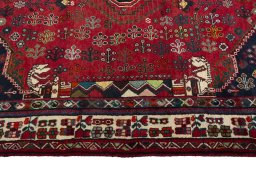 Full view of 2000s Shiraz rug from Iran / Persia, 251 × 185 cm in Red tones