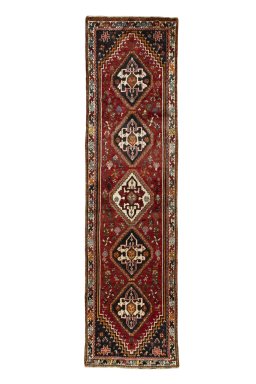 Full view of 2000s Shiraz rug from Iran / Persia, 322 × 85 cm in Red tones