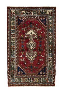 Full view of 2000s Shiraz rug from Iran / Persia, 128 × 81 cm in Red tones