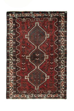 Full view of 2000s Shiraz rug from Iran / Persia, 158 × 110 cm in Red tones