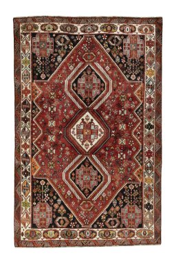 Full view of 2000s Shiraz rug from Iran / Persia, 273 × 177 cm in Red tones