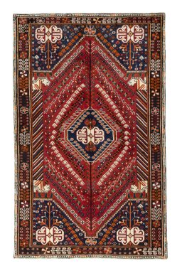 Full view of 2000s Shiraz rug from Iran / Persia, 260 × 163 cm in Red tones