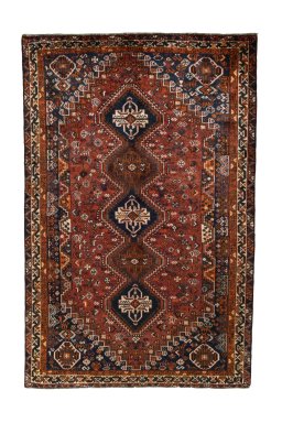 Full view of 1970s Shiraz rug from Iran / Persia, 265 × 175 cm in Red tones