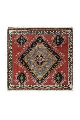 Full view of 2000s Shiraz rug from Iran / Persia, 64 × 69 cm in Red tones