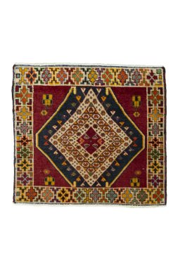 Full view of 2000s Shiraz rug from Iran / Persia, 53 × 59 cm in Red tones